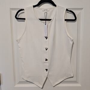 del RA White Asymmetric Sleeveless Top Silver Geometric Button Blouse L NWT